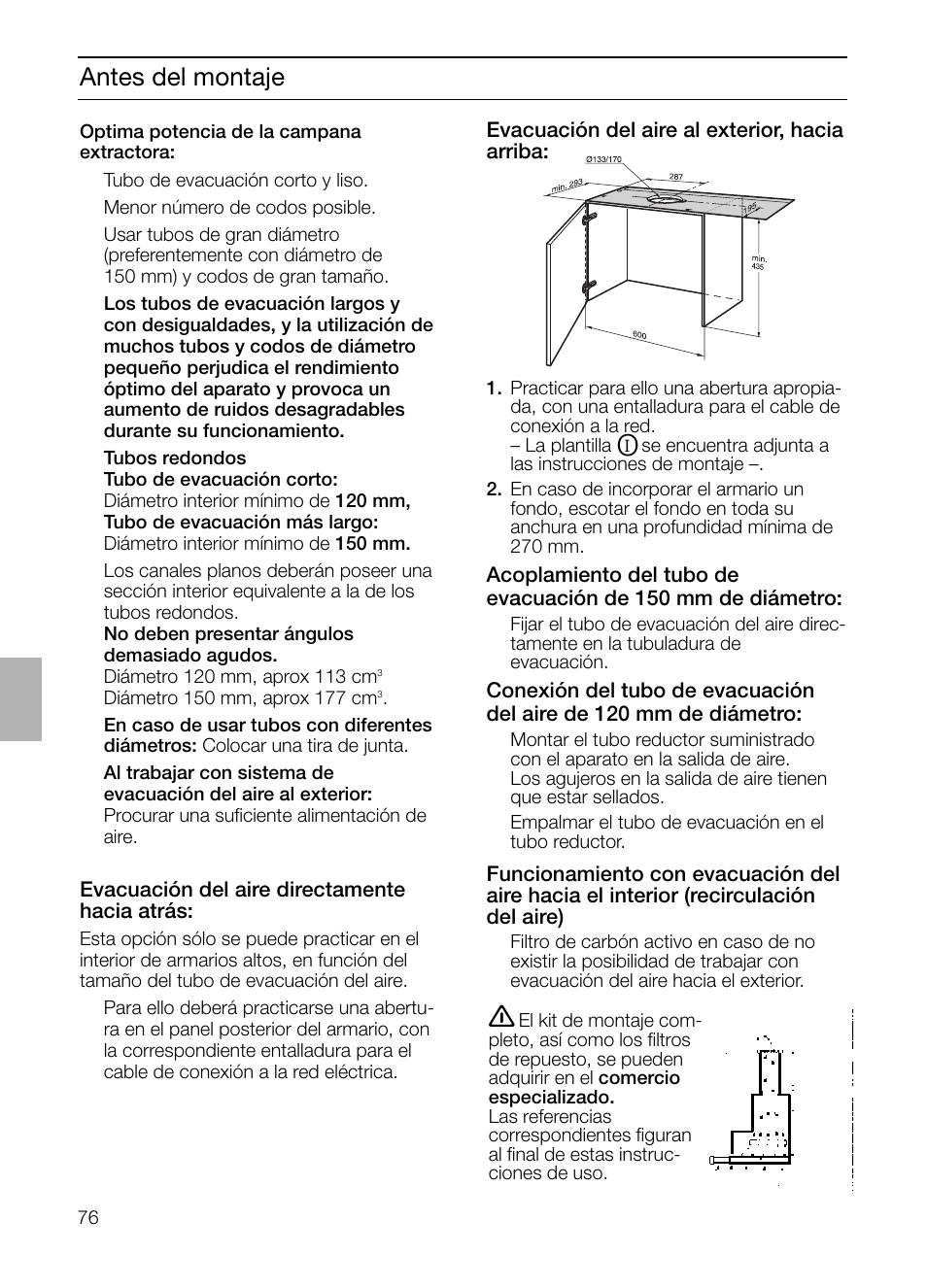 Antes del montaje | Bosch DHI755F grau-metallic Flachschirmhaube 70 cm User Manual | Page 76 / 96