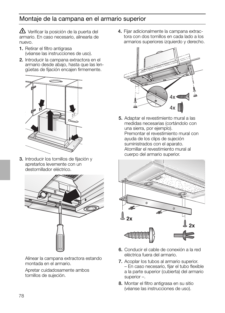 Montaje de la campana en el armario superior | Bosch DHI755F grau-metallic Flachschirmhaube 70 cm User Manual | Page 78 / 96