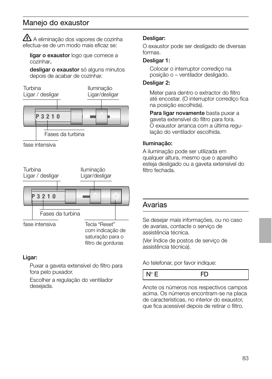 Manejo do exaustor, Avarias | Bosch DHI755F grau-metallic Flachschirmhaube 70 cm User Manual | Page 83 / 96