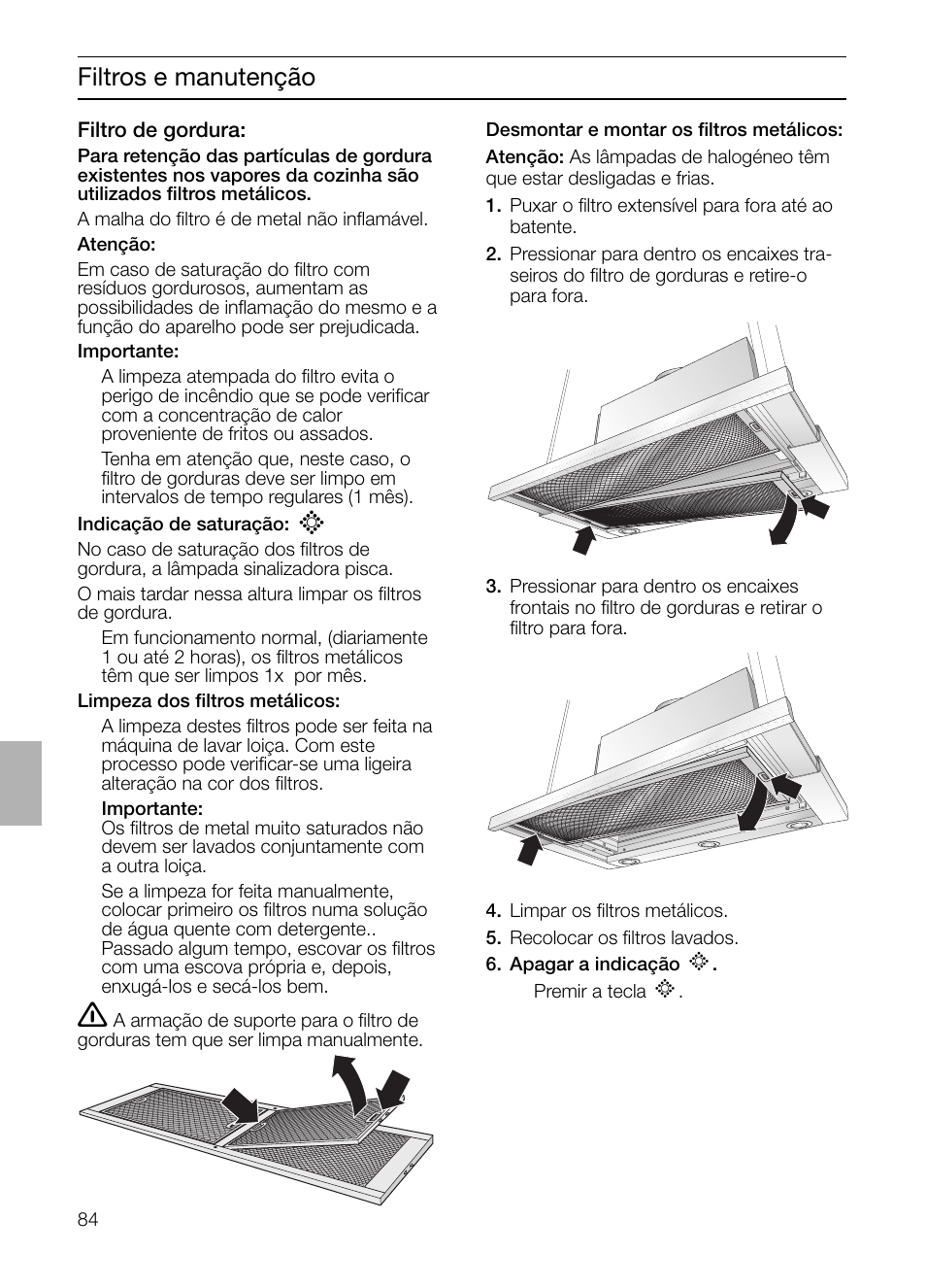 Filtros e manutenção | Bosch DHI755F grau-metallic Flachschirmhaube 70 cm User Manual | Page 84 / 96