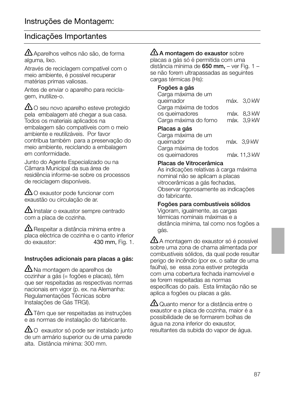 Indicações importantes instruções de montagem | Bosch DHI755F grau-metallic Flachschirmhaube 70 cm User Manual | Page 87 / 96