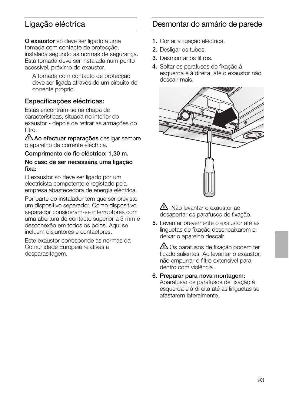 Desmontar do armário de parede, Ligação eléctrica | Bosch DHI755F grau-metallic Flachschirmhaube 70 cm User Manual | Page 93 / 96