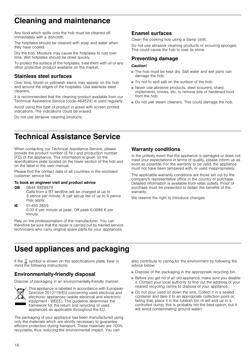 Cleaning and maintenance, Stainless steel surfaces, Enamel surfaces | Preventing damage, Caution, Technical assistance service, To book an engineer visit and product advice, Warranty conditions, Used appliances and packaging, Environmentally-friendly disposal | Bosch NCM615L01 Edelstahl Chromnickelstahl Massekochplatten-Herdmulde Einbau-Kochmulde User Manual | Page 18 / 47