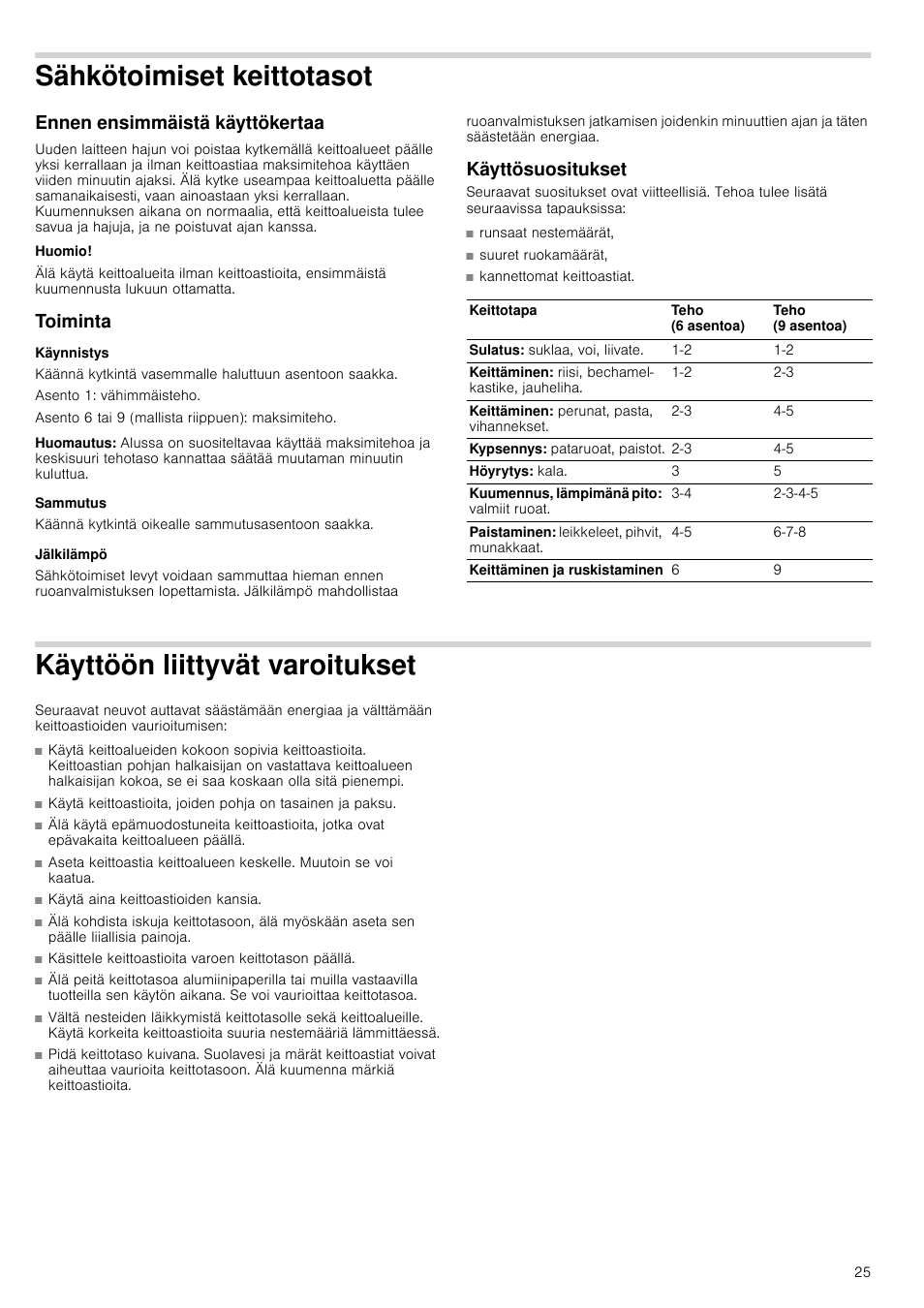 Sähkötoimiset keittotasot, Ennen ensimmäistä käyttökertaa, Huomio | Toiminta, Käynnistys, Huomautus, Sammutus, Jälkilämpö, Käyttösuositukset, Käyttöön liittyvät varoitukset | Bosch NCM615L01 Edelstahl Chromnickelstahl Massekochplatten-Herdmulde Einbau-Kochmulde User Manual | Page 25 / 47