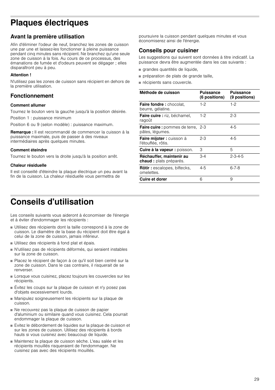 Plaques électriques, Avant la première utilisation, Attention | Fonctionnement, Comment allumer, Remarque, Comment éteindre, Chaleur résiduelle, Conseils pour cuisiner, Conseils d'utilisation | Bosch NCM615L01 Edelstahl Chromnickelstahl Massekochplatten-Herdmulde Einbau-Kochmulde User Manual | Page 29 / 47