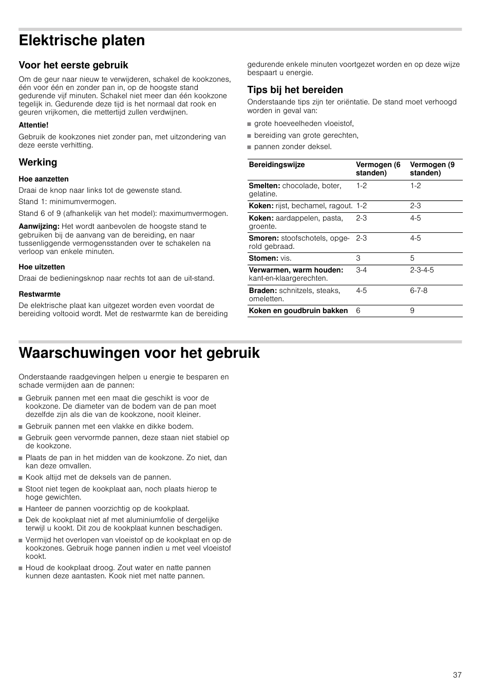 Elektrische platen, Voor het eerste gebruik, Attentie | Werking, Hoe aanzetten, Aanwijzing, Hoe uitzetten, Restwarmte, Tips bij het bereiden, Waarschuwingen voor het gebruik | Bosch NCM615L01 Edelstahl Chromnickelstahl Massekochplatten-Herdmulde Einbau-Kochmulde User Manual | Page 37 / 47