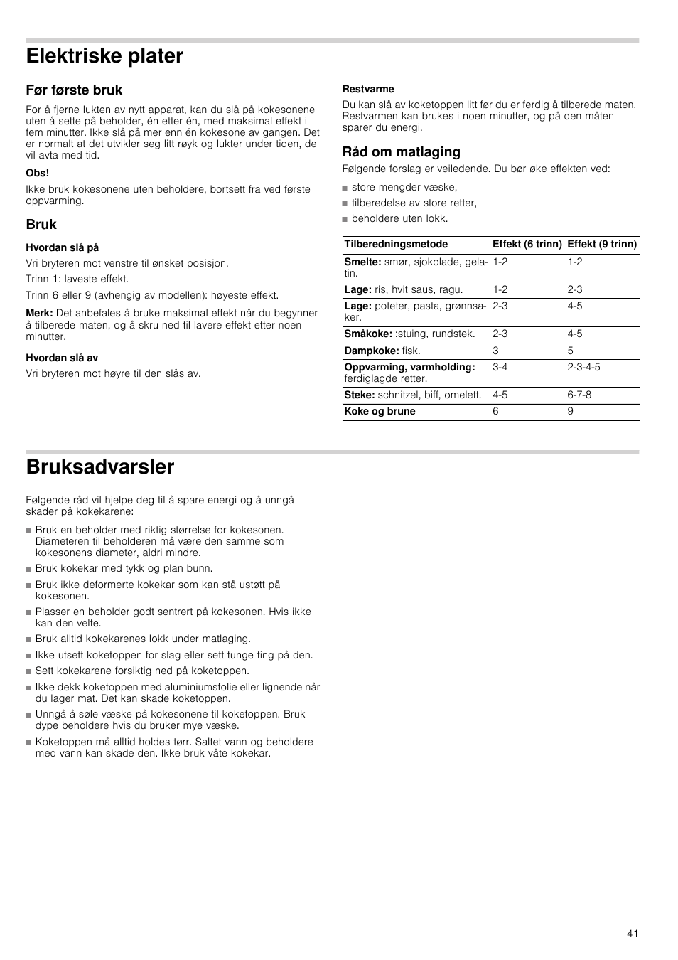 Elektriske plater, Før første bruk, Bruk | Hvordan slå på, Merk, Hvordan slå av, Restvarme, Råd om matlaging, Bruksadvarsler, Før første bruk bruk | Bosch NCM615L01 Edelstahl Chromnickelstahl Massekochplatten-Herdmulde Einbau-Kochmulde User Manual | Page 41 / 47