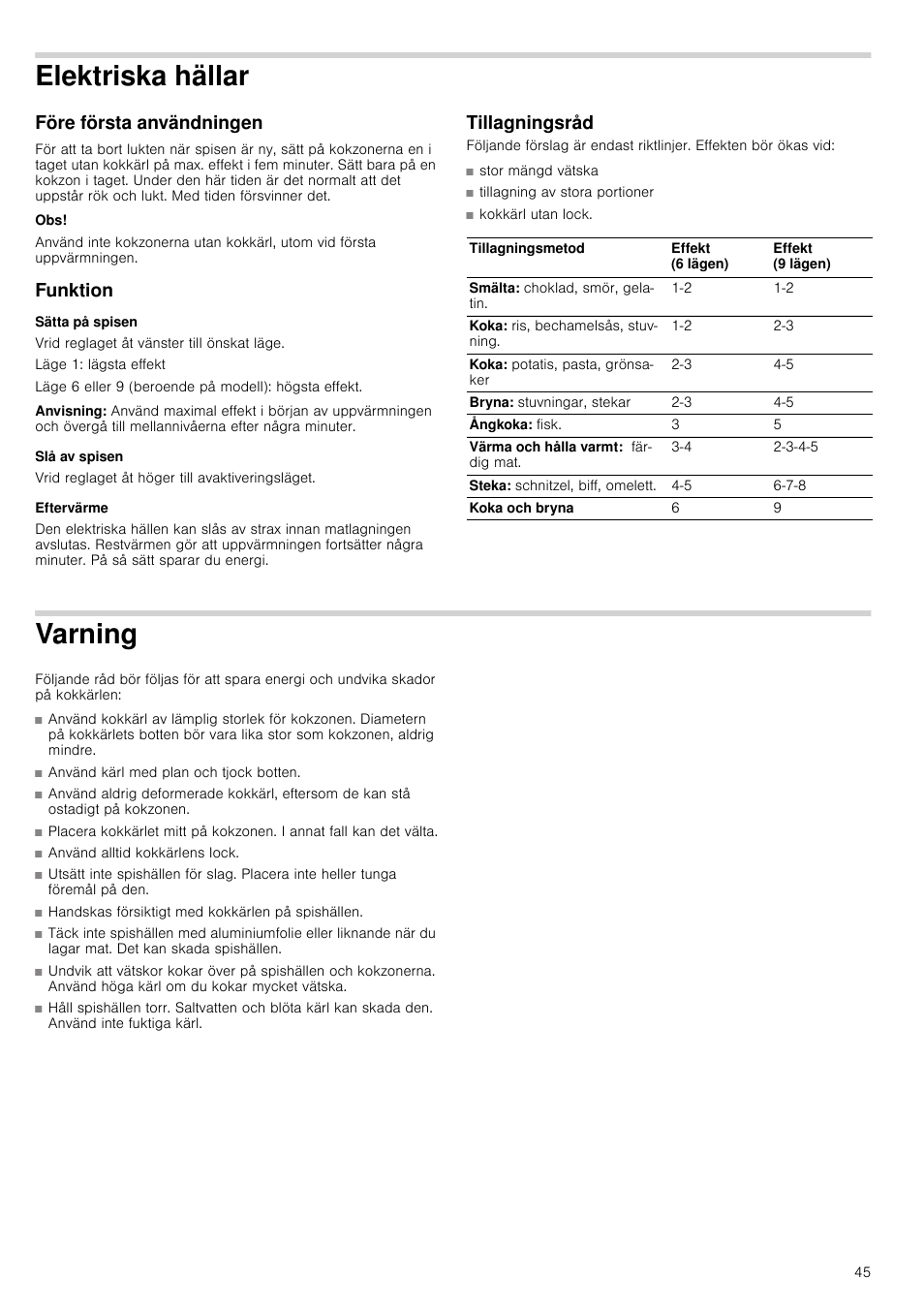 Elektriska hällar, Före första användningen, Funktion | Sätta på spisen, Anvisning, Slå av spisen, Eftervärme, Tillagningsråd, Varning | Bosch NCM615L01 Edelstahl Chromnickelstahl Massekochplatten-Herdmulde Einbau-Kochmulde User Manual | Page 45 / 47