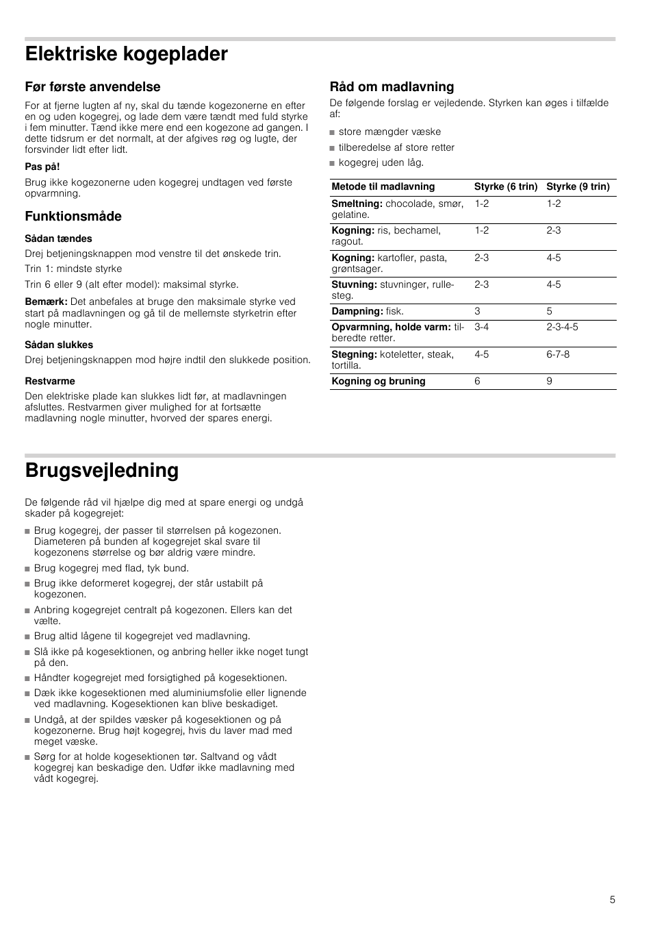 Elektriske kogeplader, Før første anvendelse, Pas på | Funktionsmåde, Sådan tændes, Bemærk, Sådan slukkes, Restvarme, Råd om madlavning, Brugsvejledning | Bosch NCM615L01 Edelstahl Chromnickelstahl Massekochplatten-Herdmulde Einbau-Kochmulde User Manual | Page 5 / 47