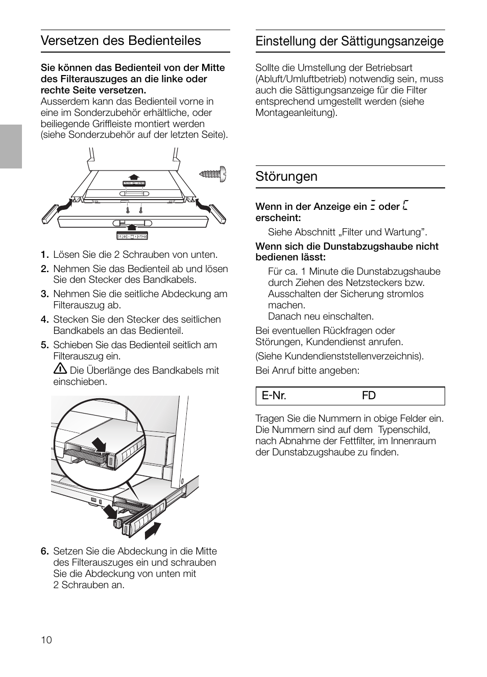 Störungen, Einstellung der sättigungsanzeige, Versetzen des bedienteiles | Bosch DHI965V grau-metallic Flachschirmhaube 90 cm User Manual | Page 10 / 116