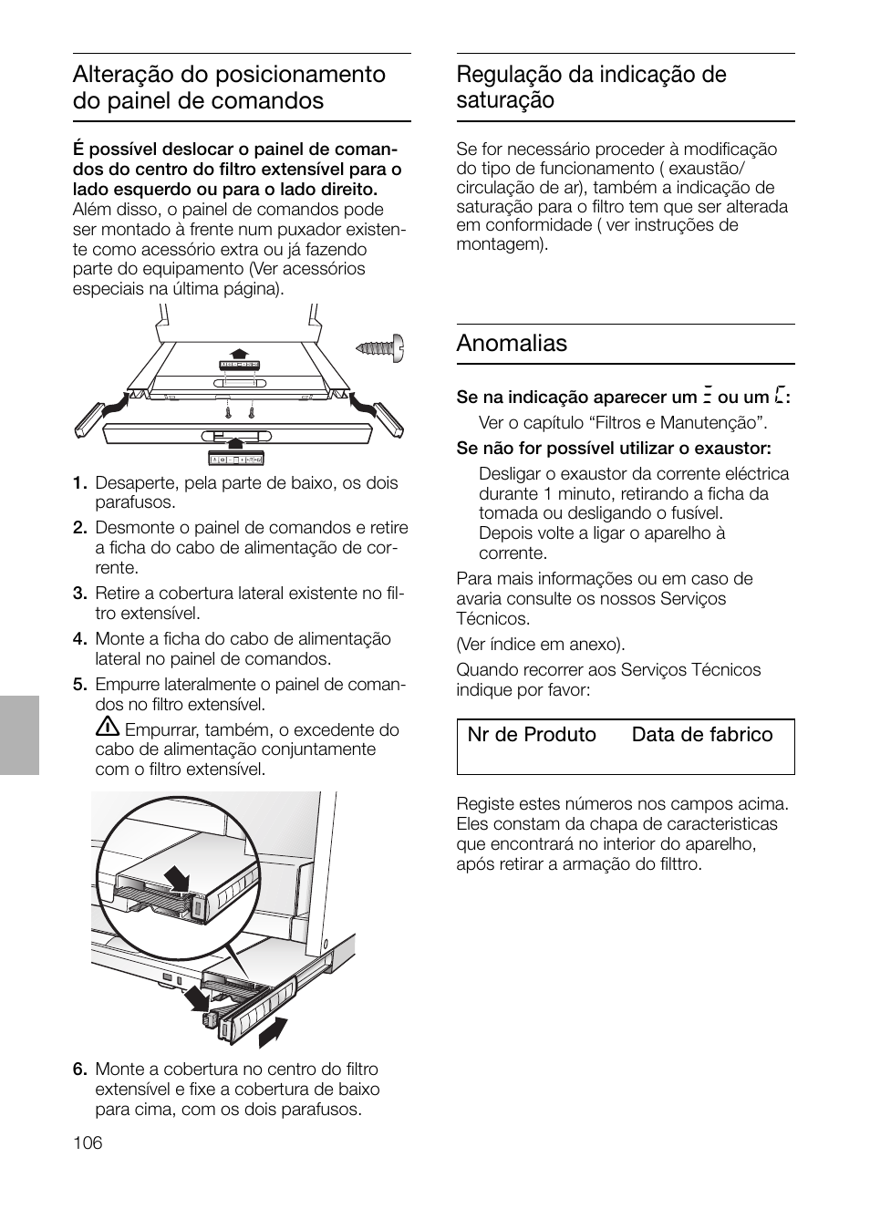 Alteração do posicionamento do painel de comandos, Regulação da indicação de saturação, Anomalias | Bosch DHI965V grau-metallic Flachschirmhaube 90 cm User Manual | Page 106 / 116