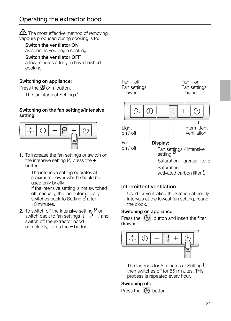 Operating the extractor hood | Bosch DHI965V grau-metallic Flachschirmhaube 90 cm User Manual | Page 21 / 116