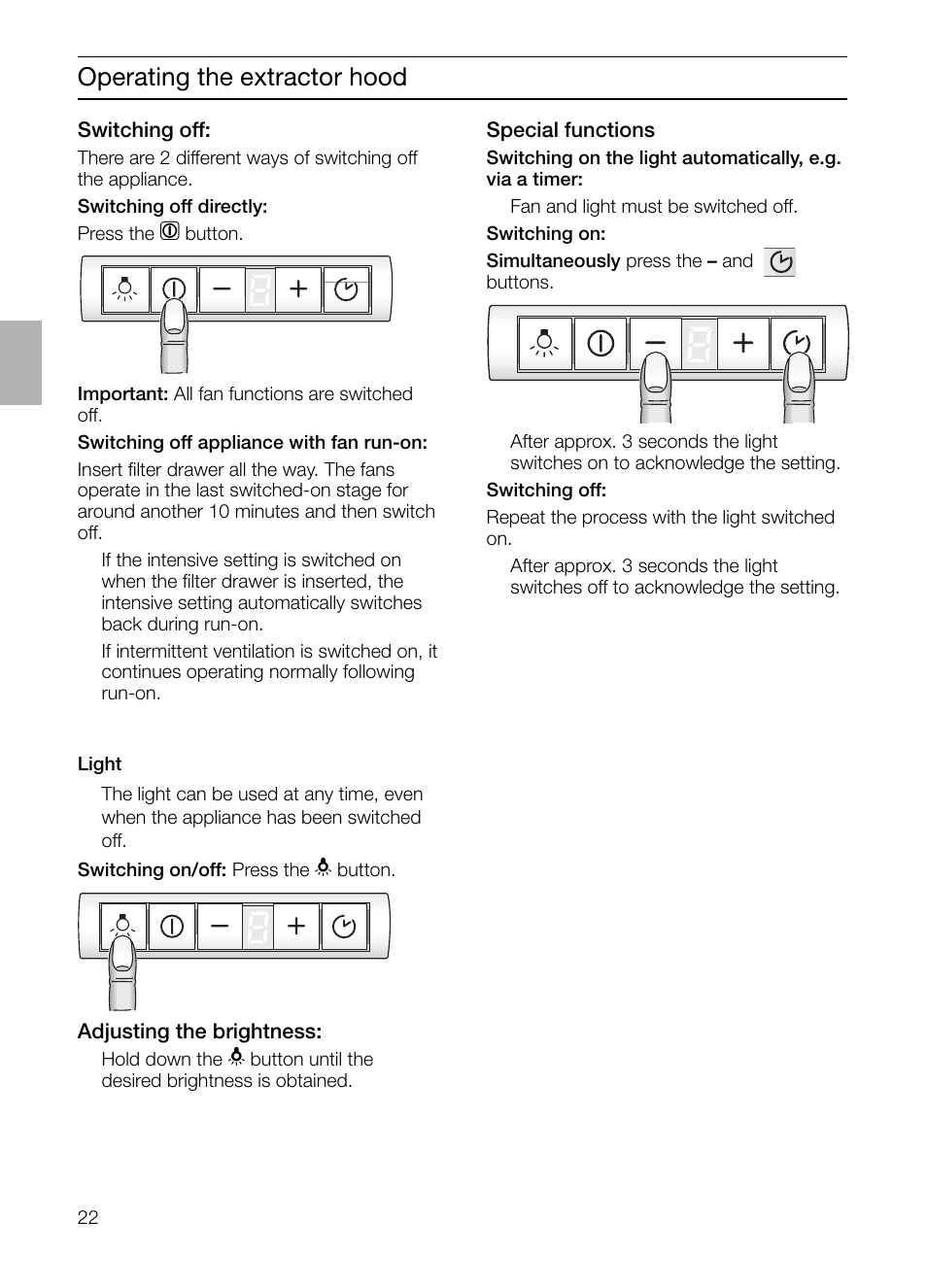 Operating the extractor hood | Bosch DHI965V grau-metallic Flachschirmhaube 90 cm User Manual | Page 22 / 116