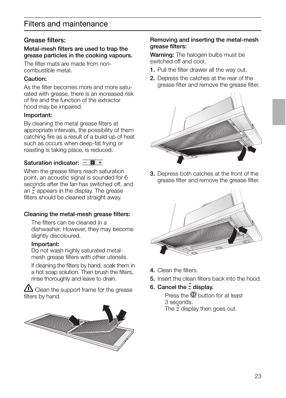 Filters and maintenance | Bosch DHI965V grau-metallic Flachschirmhaube 90 cm User Manual | Page 23 / 116