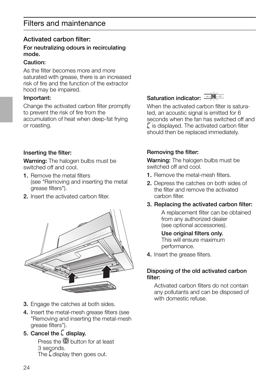 Filters and maintenance | Bosch DHI965V grau-metallic Flachschirmhaube 90 cm User Manual | Page 24 / 116