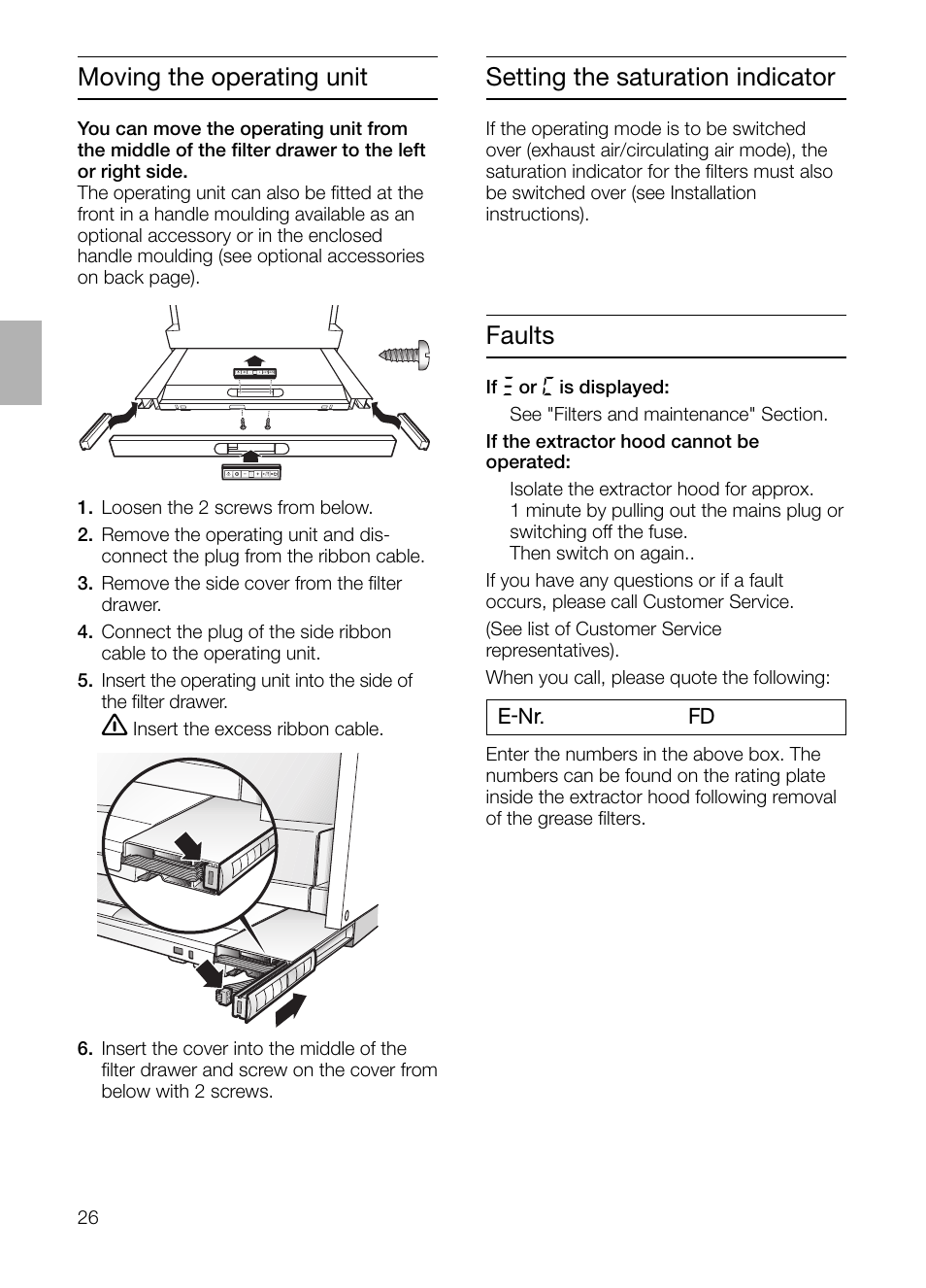 Moving the operating unit, Setting the saturation indicator, Faults | Bosch DHI965V grau-metallic Flachschirmhaube 90 cm User Manual | Page 26 / 116