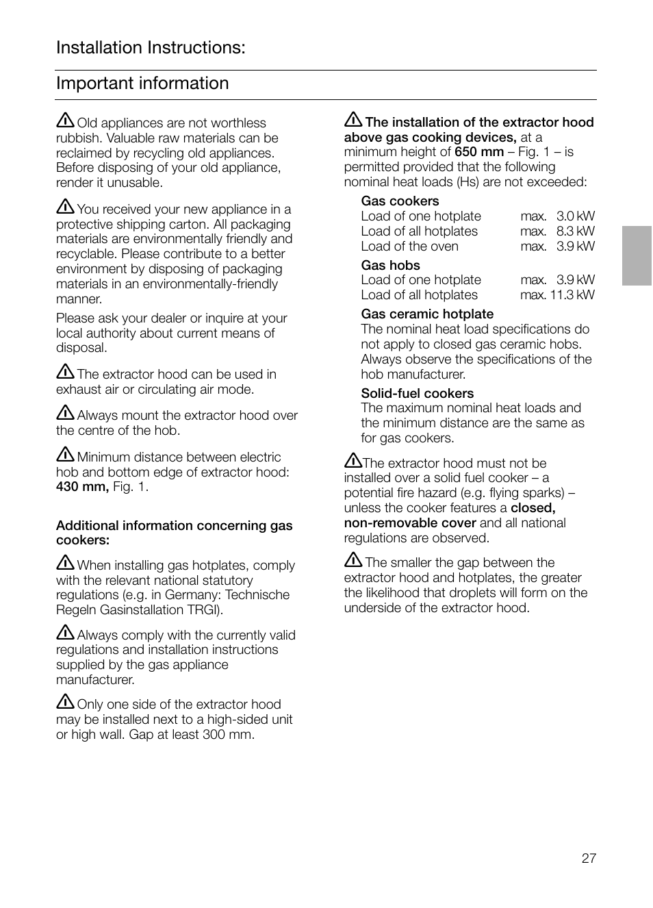Important information installation instructions | Bosch DHI965V grau-metallic Flachschirmhaube 90 cm User Manual | Page 27 / 116