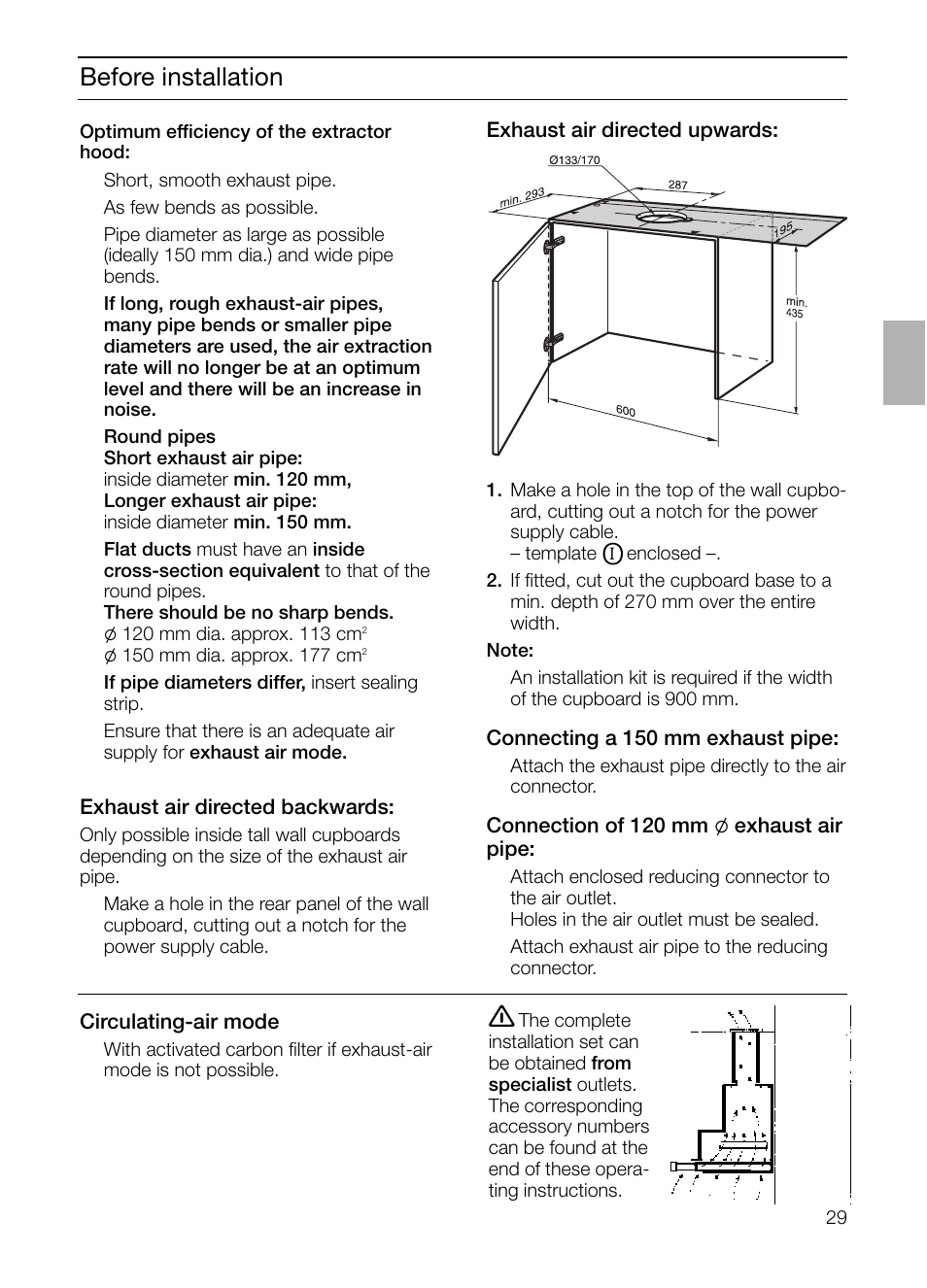Before installation | Bosch DHI965V grau-metallic Flachschirmhaube 90 cm User Manual | Page 29 / 116