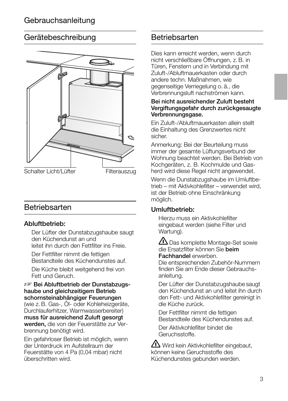 Gerätebeschreibung betriebsarten betriebsarten, Gebrauchsanleitung | Bosch DHI965V grau-metallic Flachschirmhaube 90 cm User Manual | Page 3 / 116