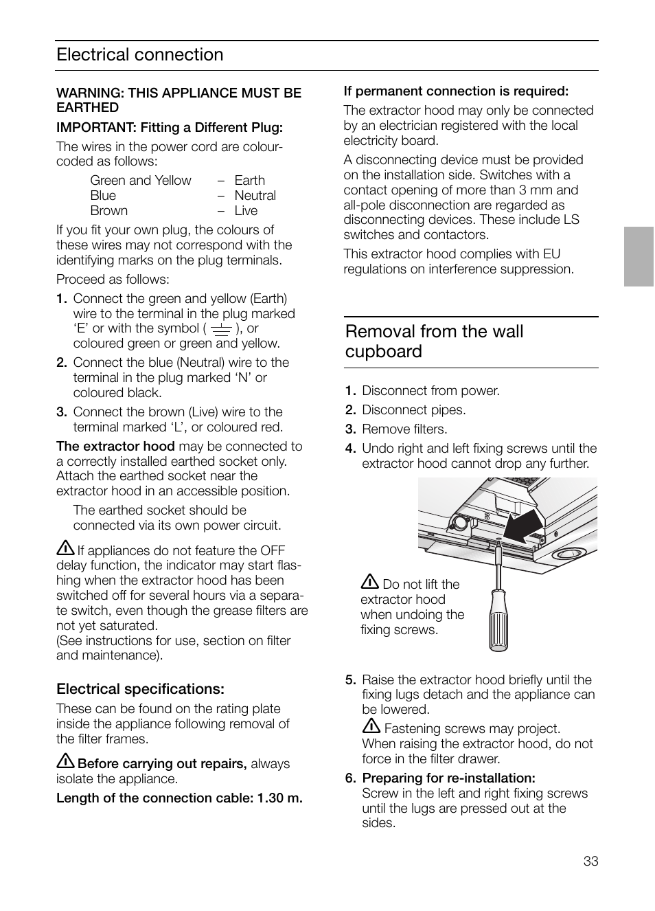 Electrical connection, Removal from the wall cupboard | Bosch DHI965V grau-metallic Flachschirmhaube 90 cm User Manual | Page 33 / 116