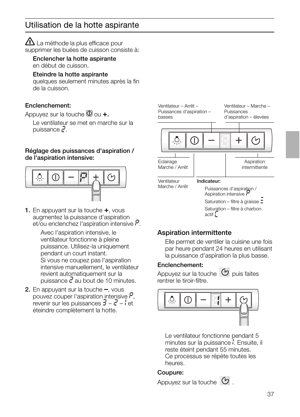Utilisation de la hotte aspirante | Bosch DHI965V grau-metallic Flachschirmhaube 90 cm User Manual | Page 37 / 116