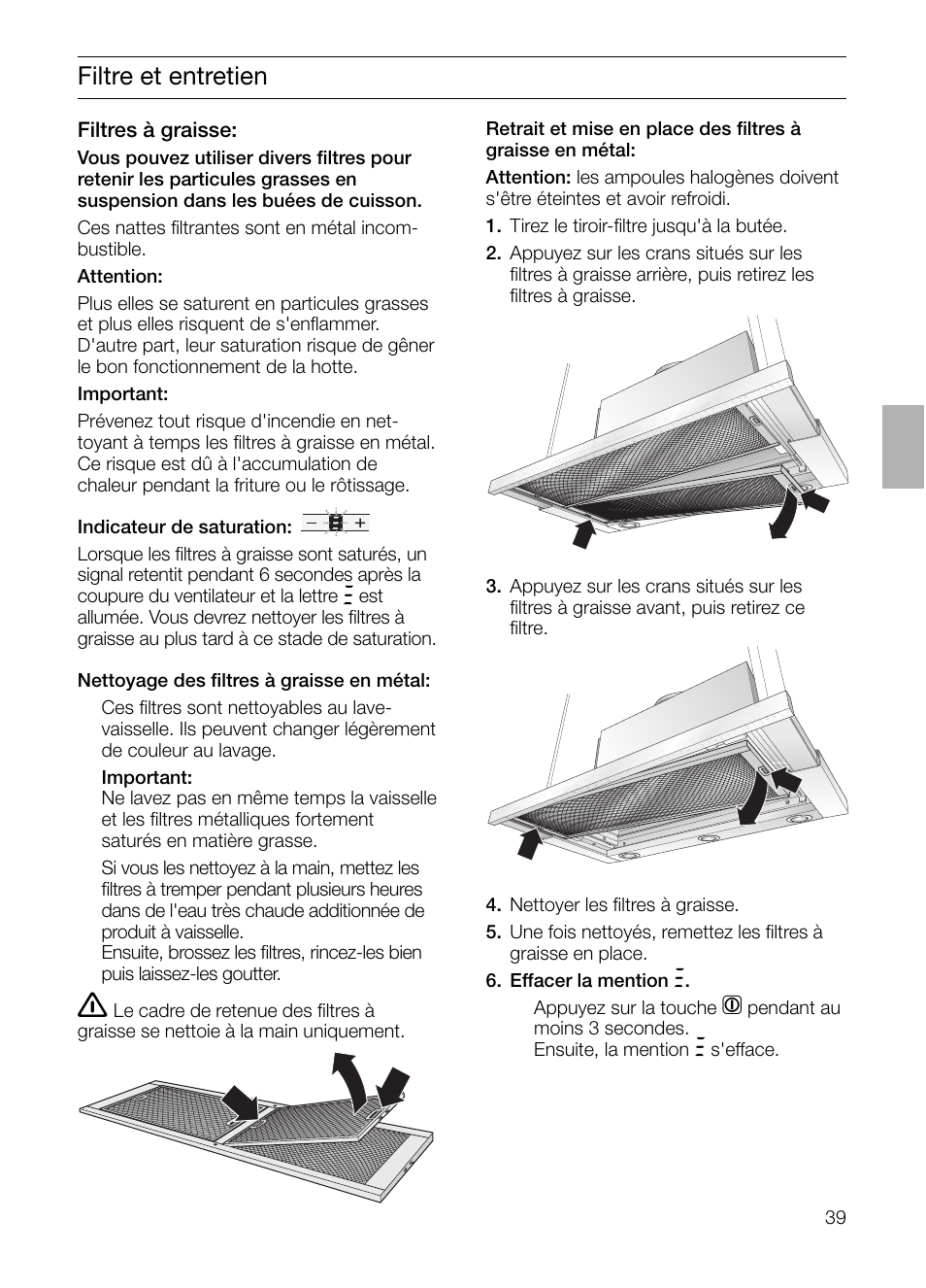 Filtre et entretien | Bosch DHI965V grau-metallic Flachschirmhaube 90 cm User Manual | Page 39 / 116