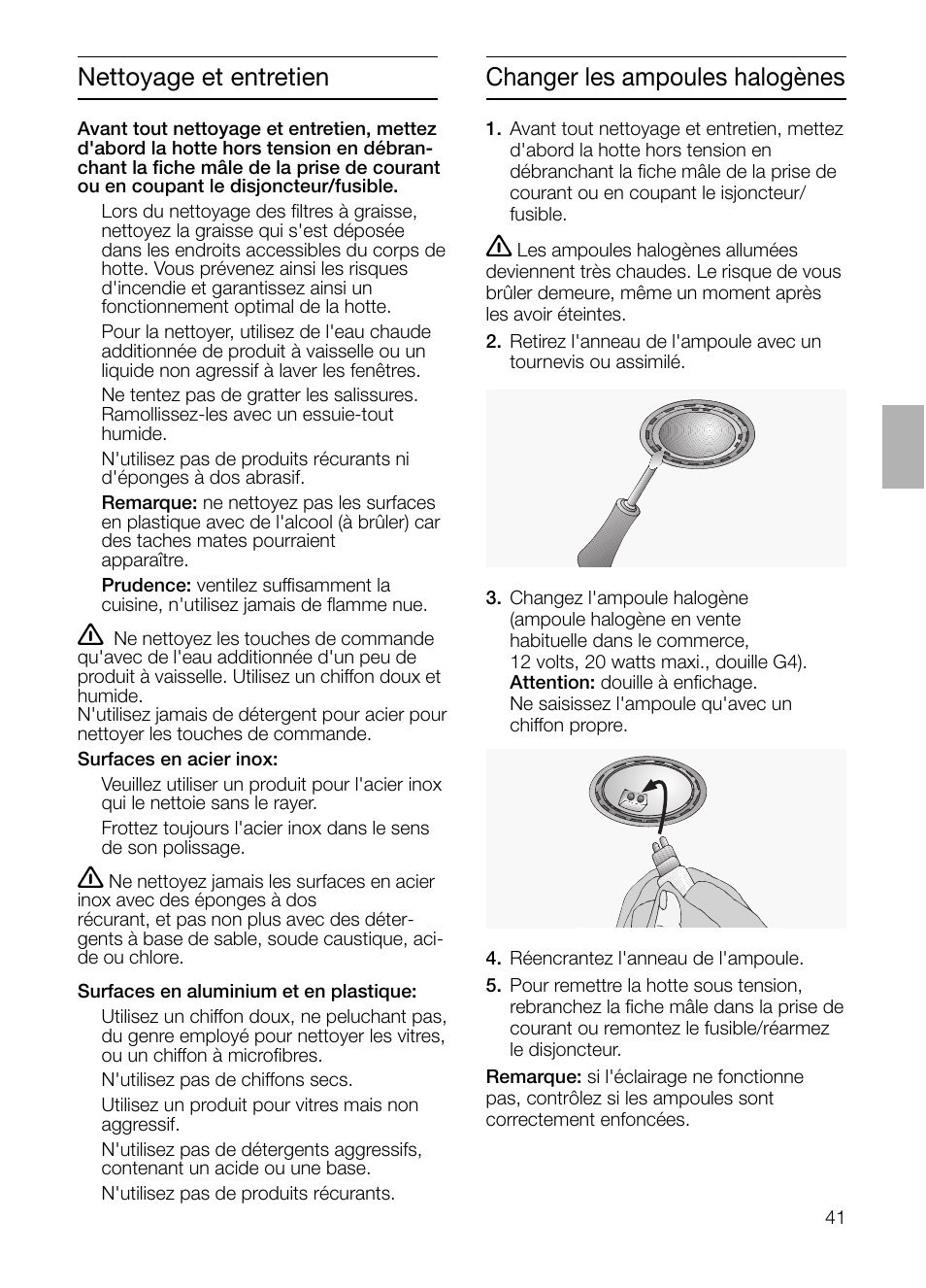 Nettoyage et entretien, Changer les ampoules halogènes | Bosch DHI965V grau-metallic Flachschirmhaube 90 cm User Manual | Page 41 / 116