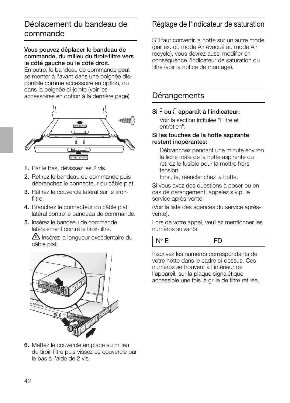 Déplacement du bandeau de commande, Réglage de l'indicateur de saturation, Dérangements | Bosch DHI965V grau-metallic Flachschirmhaube 90 cm User Manual | Page 42 / 116