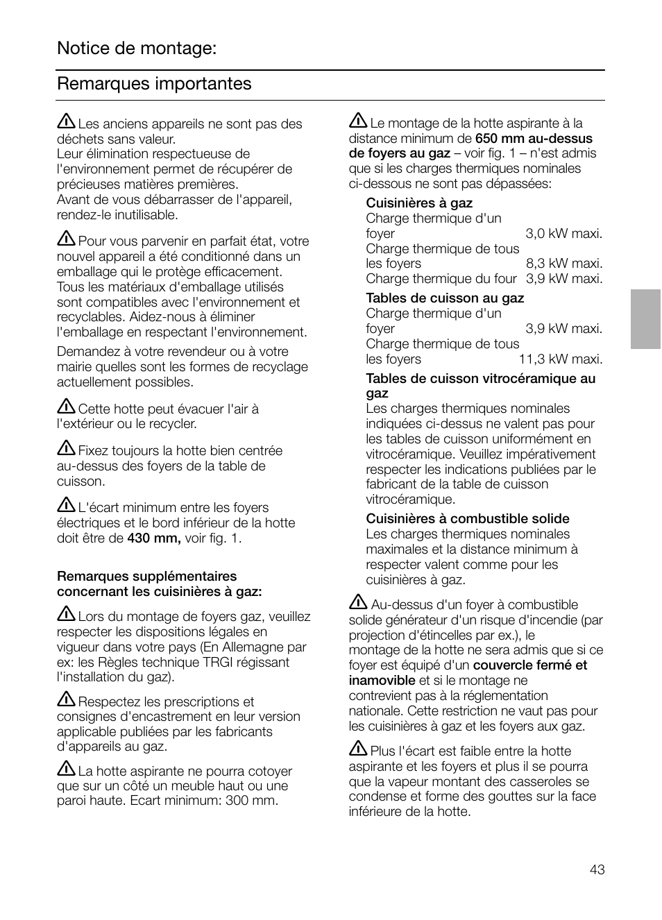 Remarques importantes notice de montage | Bosch DHI965V grau-metallic Flachschirmhaube 90 cm User Manual | Page 43 / 116
