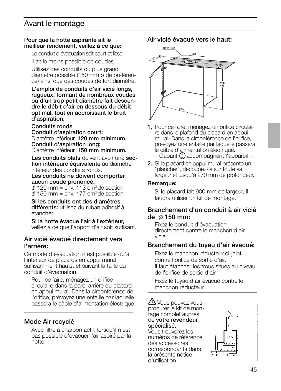 Avant le montage | Bosch DHI965V grau-metallic Flachschirmhaube 90 cm User Manual | Page 45 / 116