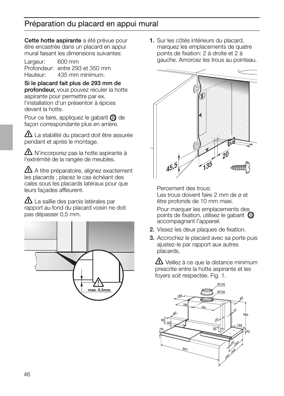 Préparation du placard en appui mural | Bosch DHI965V grau-metallic Flachschirmhaube 90 cm User Manual | Page 46 / 116