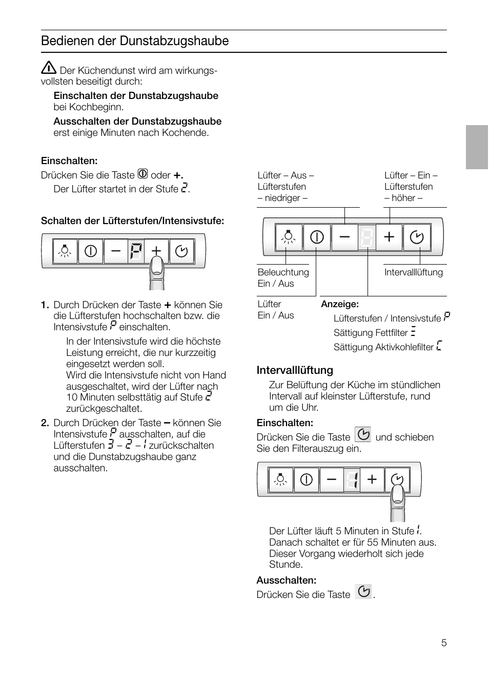 Bedienen der dunstabzugshaube | Bosch DHI965V grau-metallic Flachschirmhaube 90 cm User Manual | Page 5 / 116