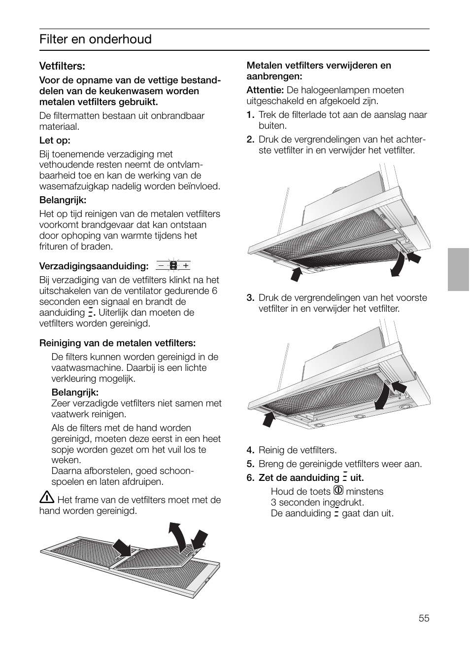 Filter en onderhoud | Bosch DHI965V grau-metallic Flachschirmhaube 90 cm User Manual | Page 55 / 116