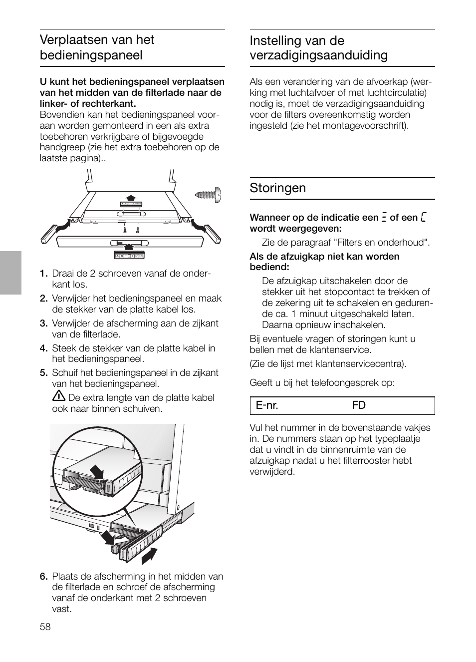 Verplaatsen van het bedieningspaneel, Instelling van de verzadigingsaanduiding, Storingen | Bosch DHI965V grau-metallic Flachschirmhaube 90 cm User Manual | Page 58 / 116