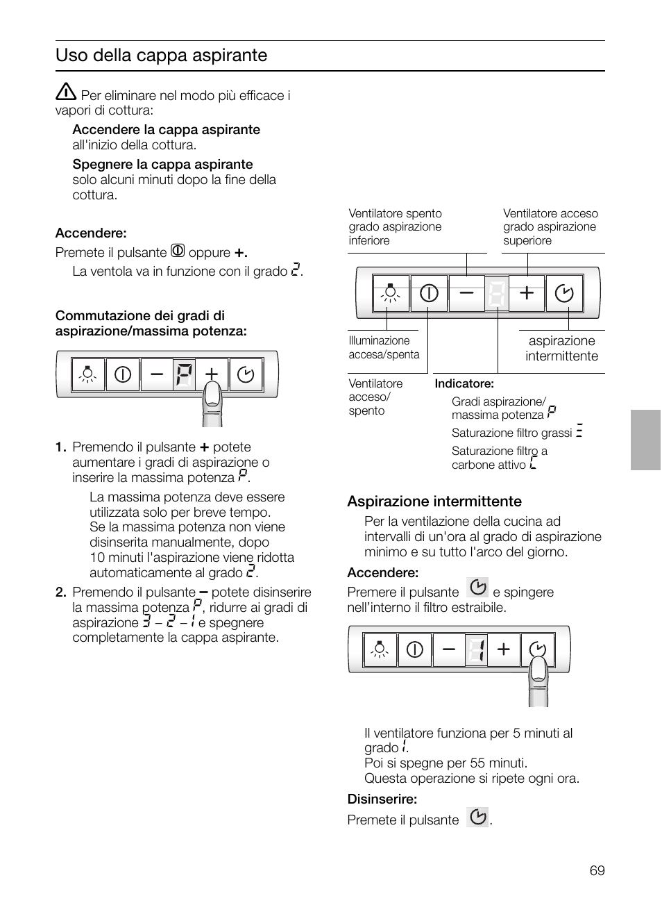 Uso della cappa aspirante | Bosch DHI965V grau-metallic Flachschirmhaube 90 cm User Manual | Page 69 / 116