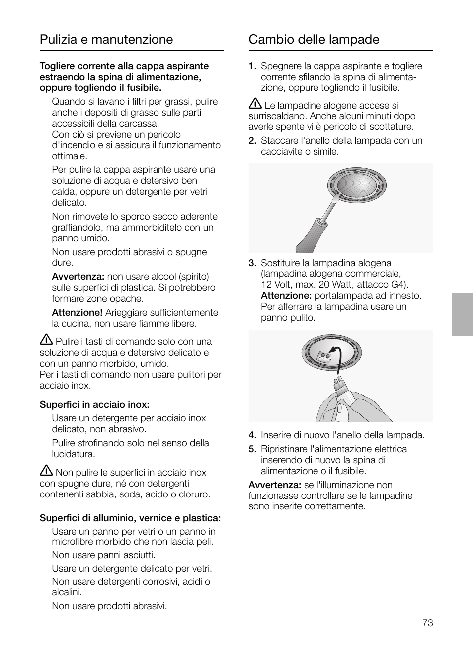 Pulizia e manutenzione, Cambio delle lampade | Bosch DHI965V grau-metallic Flachschirmhaube 90 cm User Manual | Page 73 / 116