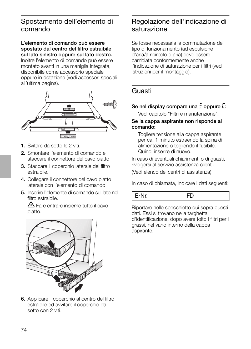 Spostamento dell’elemento di comando, Regolazione dell'indicazione di saturazione, Guasti | Bosch DHI965V grau-metallic Flachschirmhaube 90 cm User Manual | Page 74 / 116