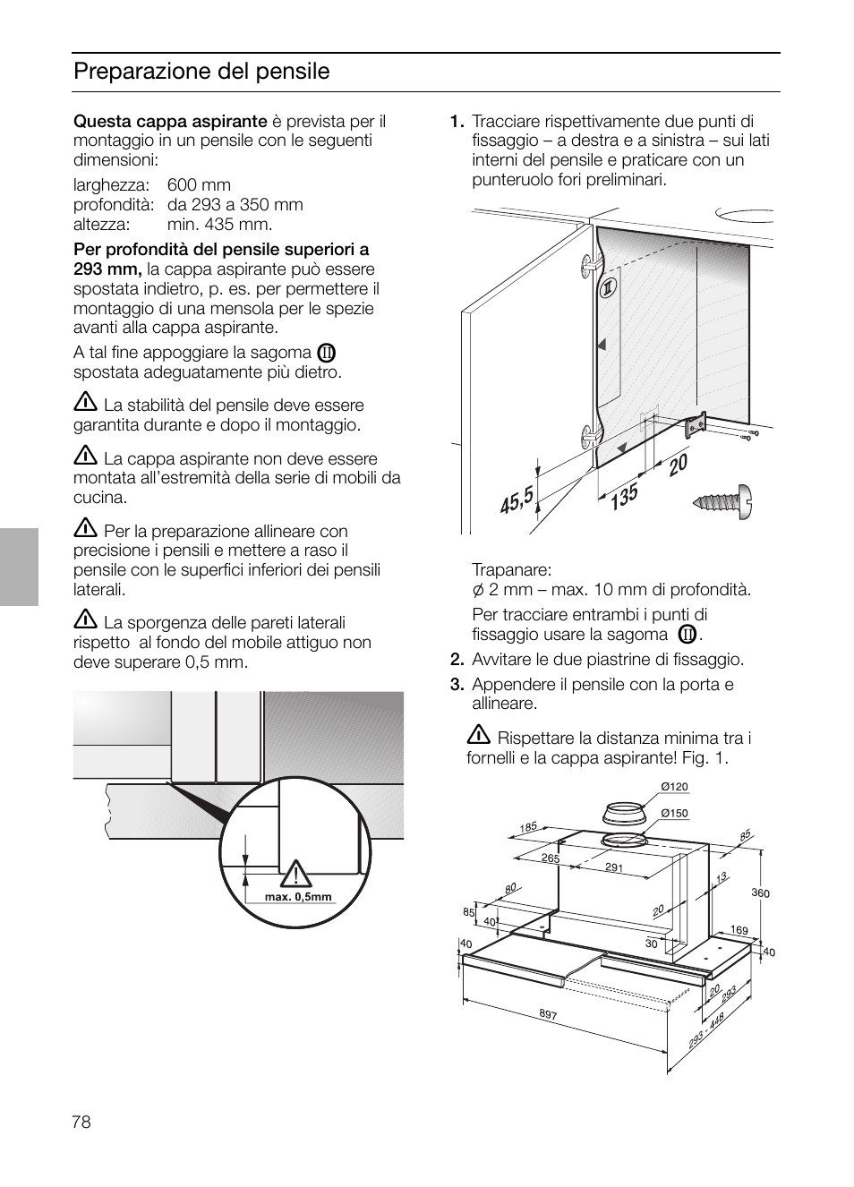 Preparazione del pensile | Bosch DHI965V grau-metallic Flachschirmhaube 90 cm User Manual | Page 78 / 116