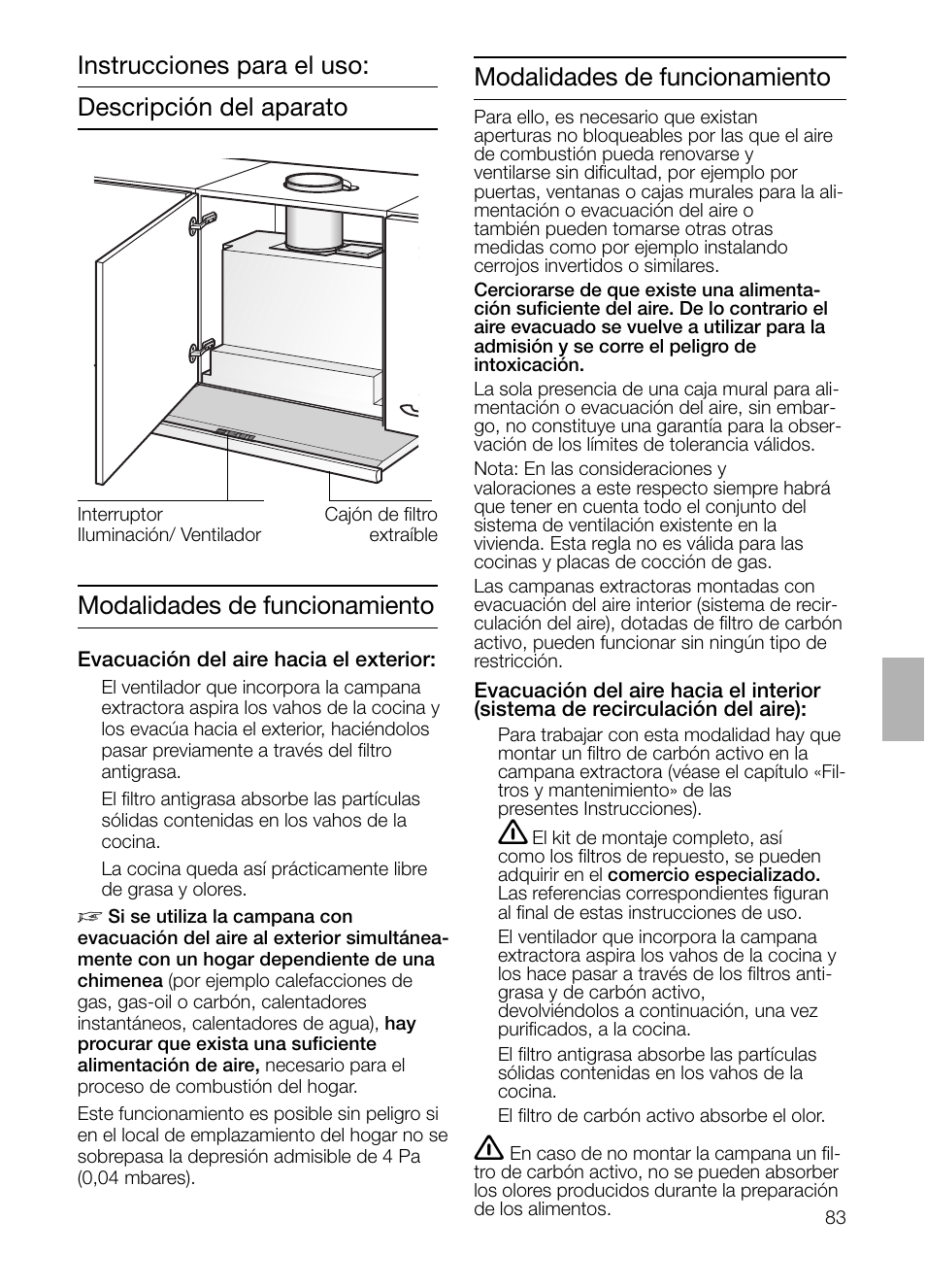 Modalidades de funcionamiento | Bosch DHI965V grau-metallic Flachschirmhaube 90 cm User Manual | Page 83 / 116