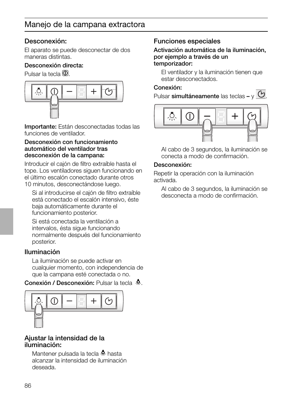 Manejo de la campana extractora | Bosch DHI965V grau-metallic Flachschirmhaube 90 cm User Manual | Page 86 / 116