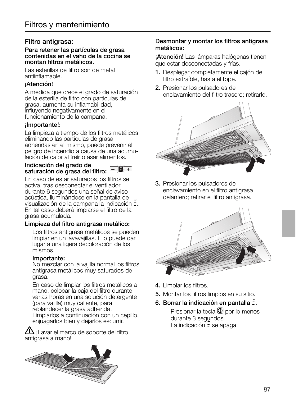Filtros y mantenimiento | Bosch DHI965V grau-metallic Flachschirmhaube 90 cm User Manual | Page 87 / 116