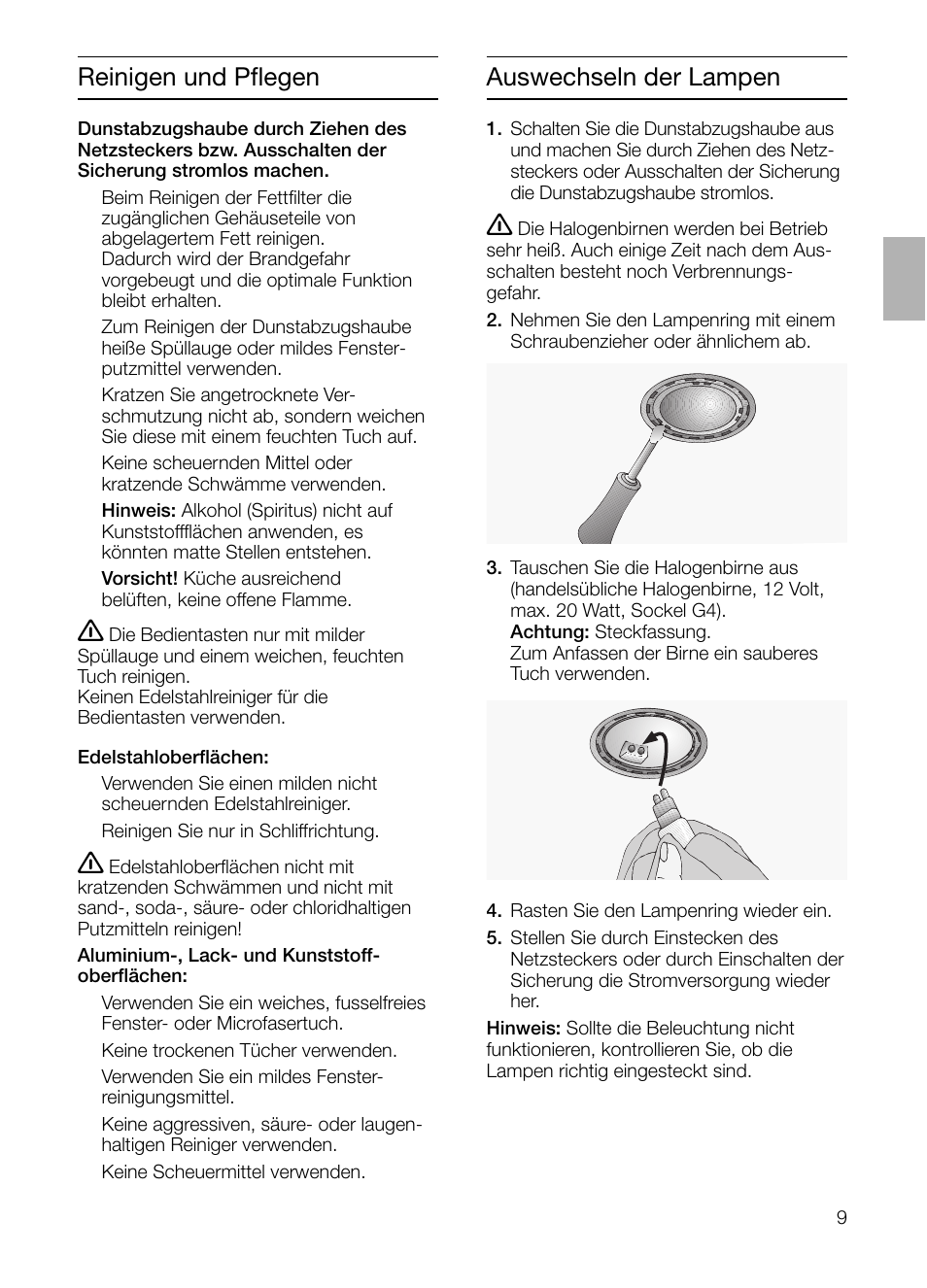 Reinigen und pflegen, Auswechseln der lampen | Bosch DHI965V grau-metallic Flachschirmhaube 90 cm User Manual | Page 9 / 116