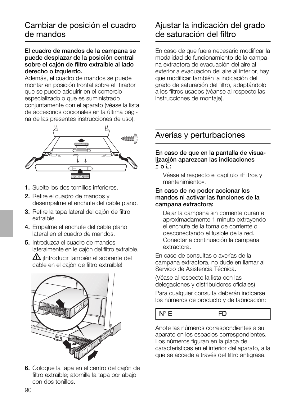 Cambiar de posición el cuadro de mandos, Averías y perturbaciones | Bosch DHI965V grau-metallic Flachschirmhaube 90 cm User Manual | Page 90 / 116