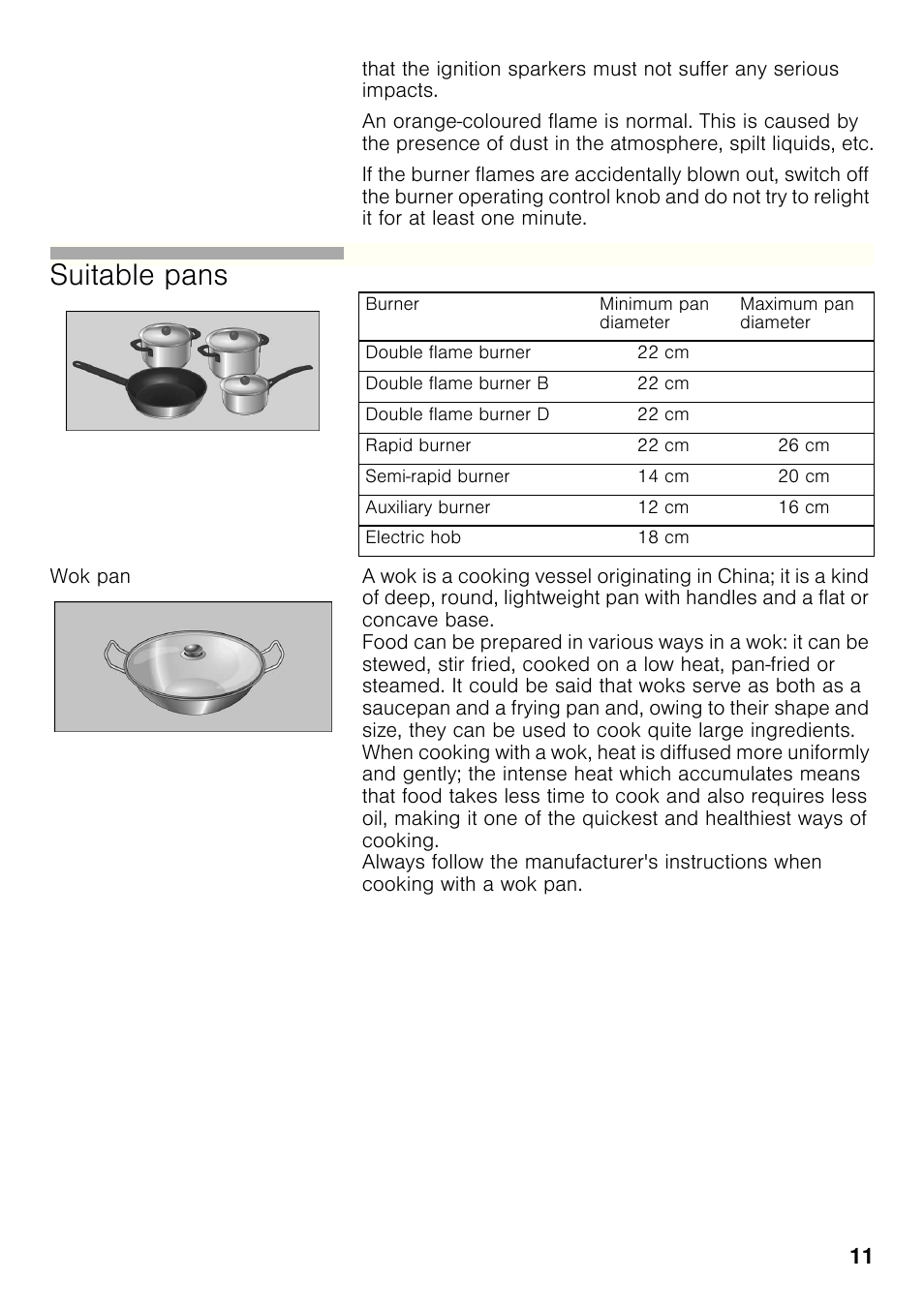 Wok pan, Suitable pans | Bosch PRP626B70E Gas-Kochstelle Glaskeramik 60 cm User Manual | Page 10 / 118