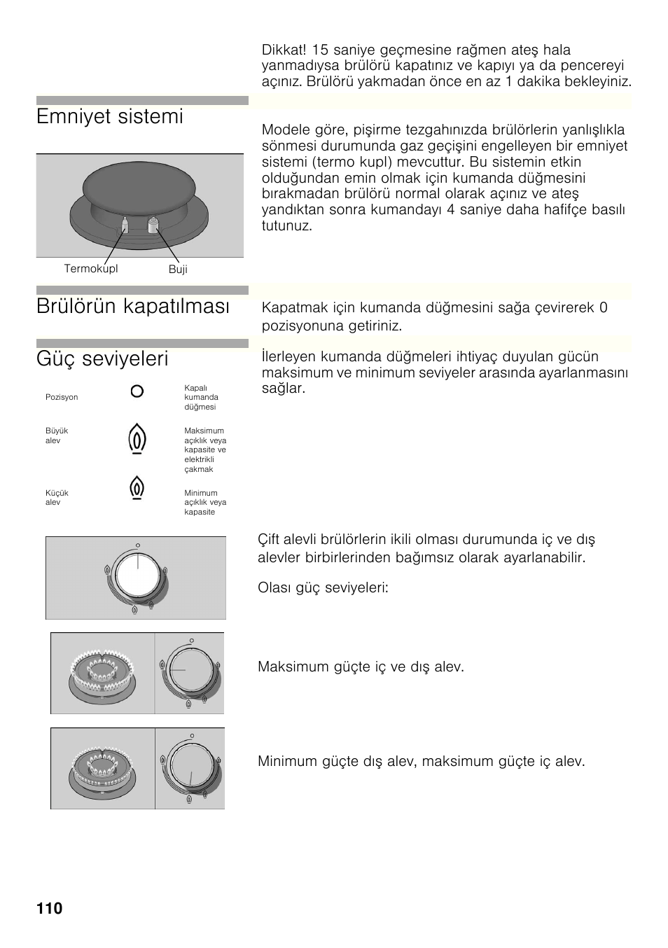 Emniyet sistemi, Brülörün kapatılması, Güç seviyeleri | Bosch PRP626B70E Gas-Kochstelle Glaskeramik 60 cm User Manual | Page 109 / 118