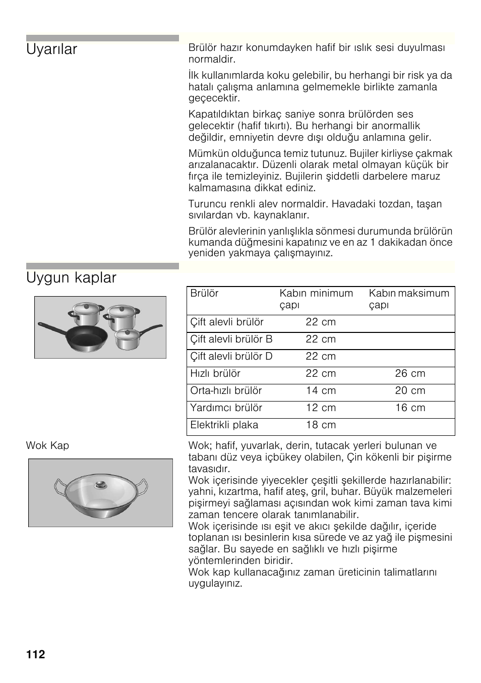 Wok kap, Uyarılar, Uygun kaplar | Bosch PRP626B70E Gas-Kochstelle Glaskeramik 60 cm User Manual | Page 111 / 118