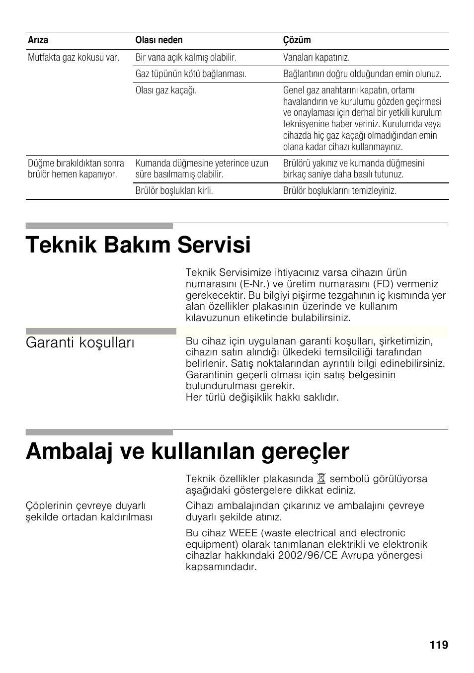 Teknik bakım servisi, Ambalaj ve kullanılan gereçler, Garanti ko ulları | Bosch PRP626B70E Gas-Kochstelle Glaskeramik 60 cm User Manual | Page 118 / 118