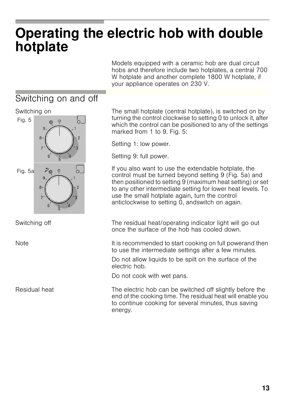 Switching on, Switching off, Note | Residual heat, Operating the electric hob with double hotplate, Switching on and off | Bosch PRP626B70E Gas-Kochstelle Glaskeramik 60 cm User Manual | Page 12 / 118