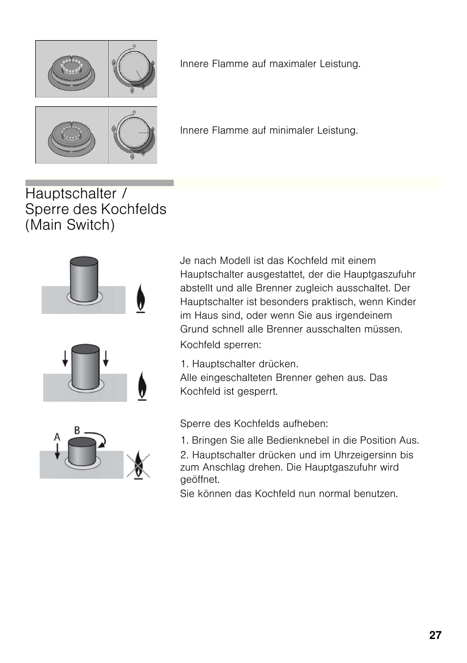 Hauptschalter / sperre des kochfelds (main switch) | Bosch PRP626B70E Gas-Kochstelle Glaskeramik 60 cm User Manual | Page 26 / 118