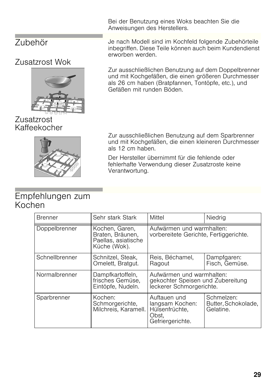 Zusatzrost wok, Zusatzrost kaffeekocher, Zubehör | Empfehlungen zum kochen | Bosch PRP626B70E Gas-Kochstelle Glaskeramik 60 cm User Manual | Page 28 / 118